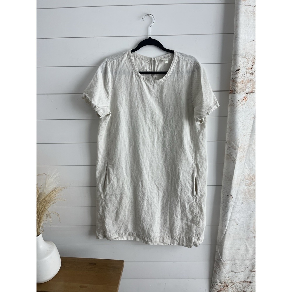 Eileen Fisher White Pinstripes 100% Organic Linen Pocket Dress‎ Medium 0534
